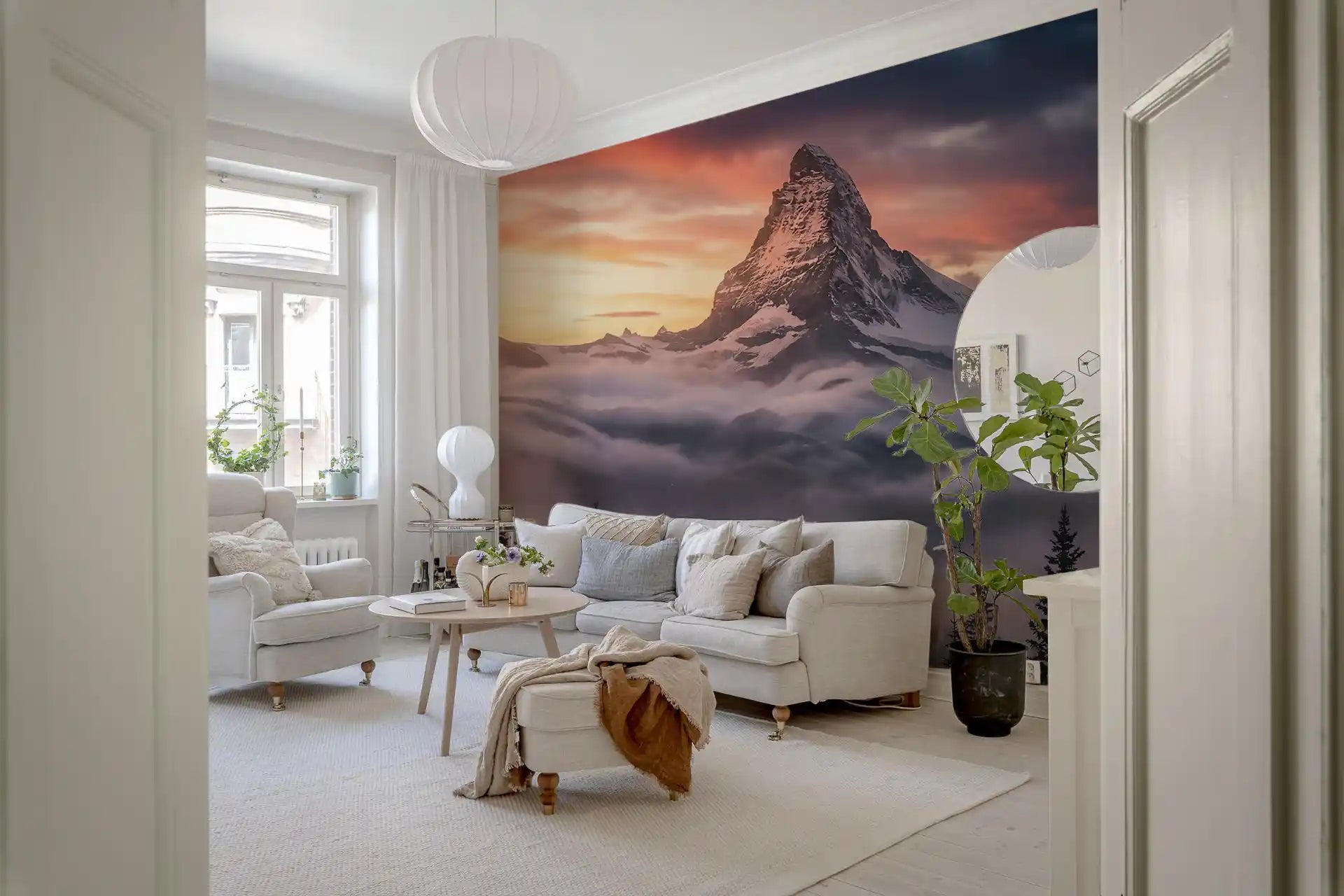 Snowy alpine scenery fills this Mountain Majesty at Sunset wall mural design