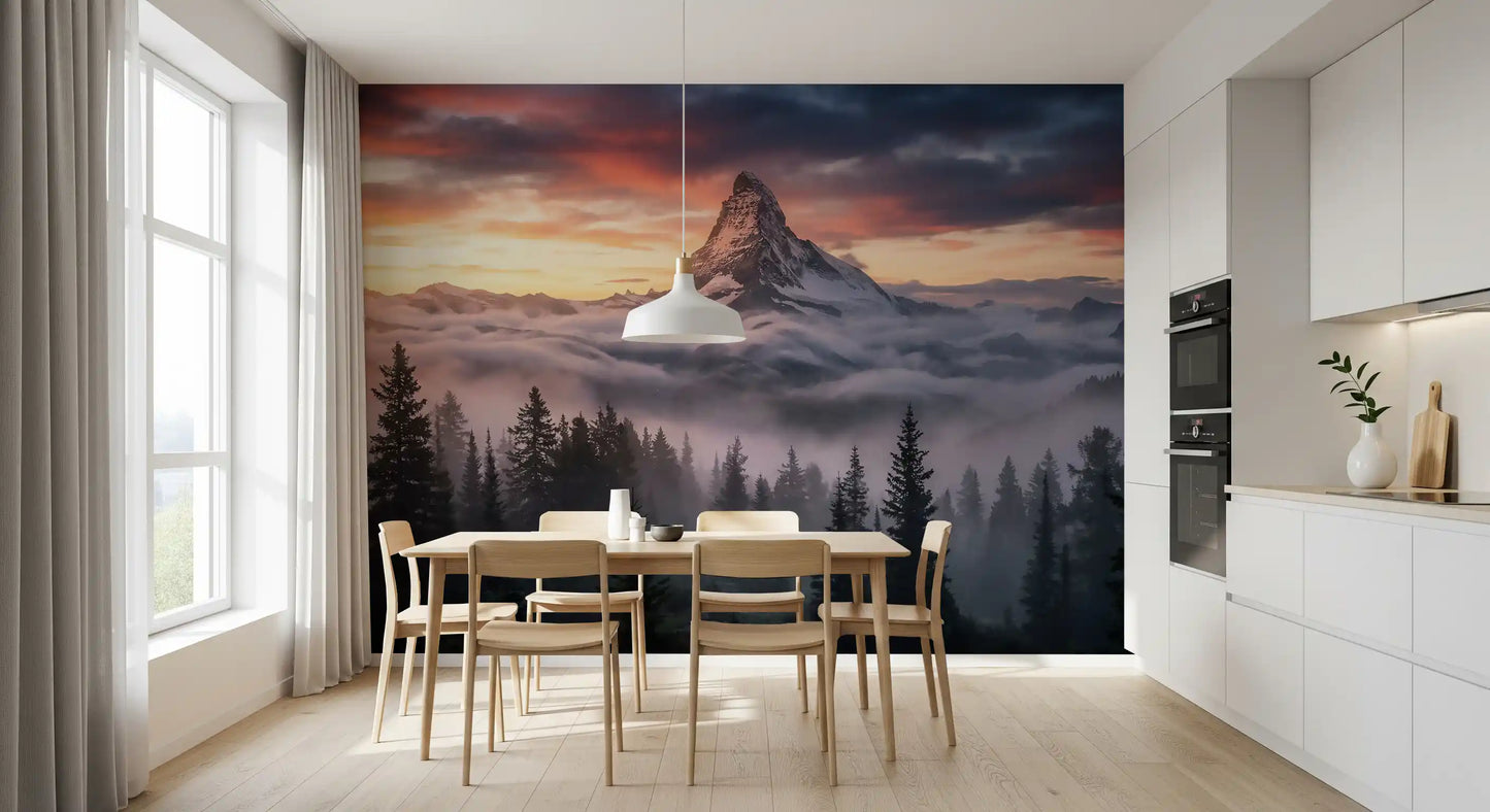 Mountain Majesty at Sunset wall mural showing a glowing peak above soft fog