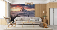 Misty valley layers define this Mountain Majesty at Sunset wall mural artwork