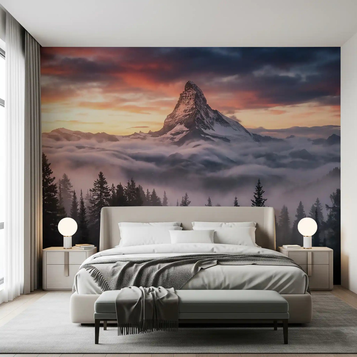 Bedroom styled in Mountain Majesty at Sunset wall mural with misty mountain sky