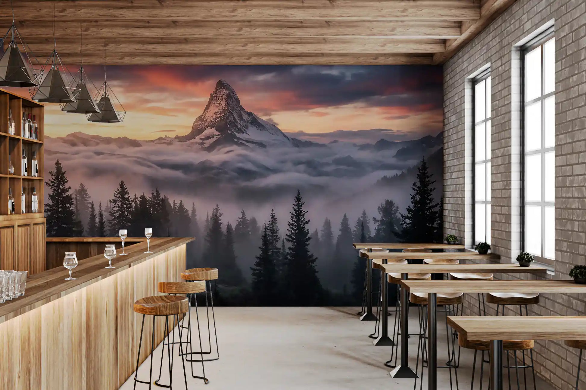 Cafe area with Alpenglow Summit Wall Mural and mist-filled valley scene