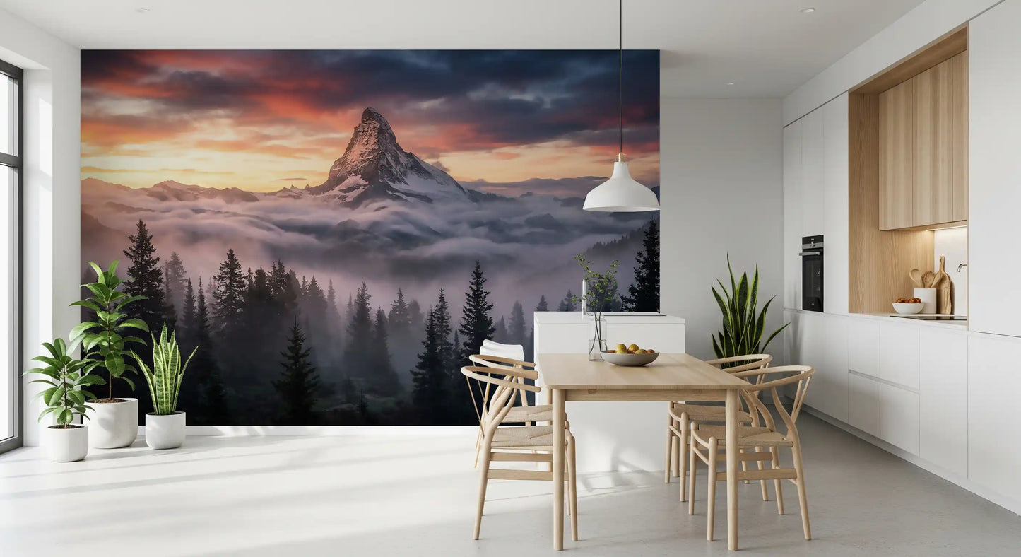Alpenglow Summit Wall Mural showing a snow peak above drifting cloud layers