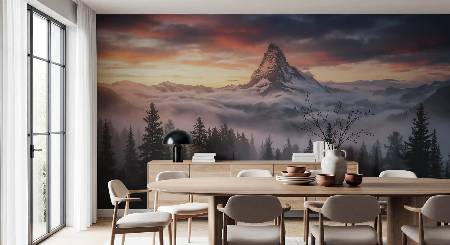 Dining room using mountain peak wall mural with clouds and warm alpenglow