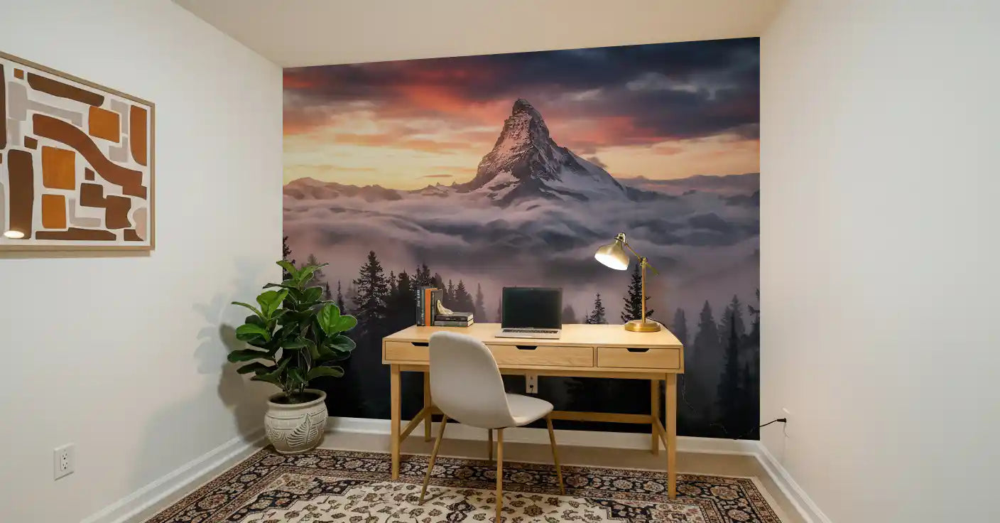 Office area styled with alpine summit wall mural and pine forest silhouettes