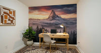 Office area styled with alpine summit wall mural and pine forest silhouettes
