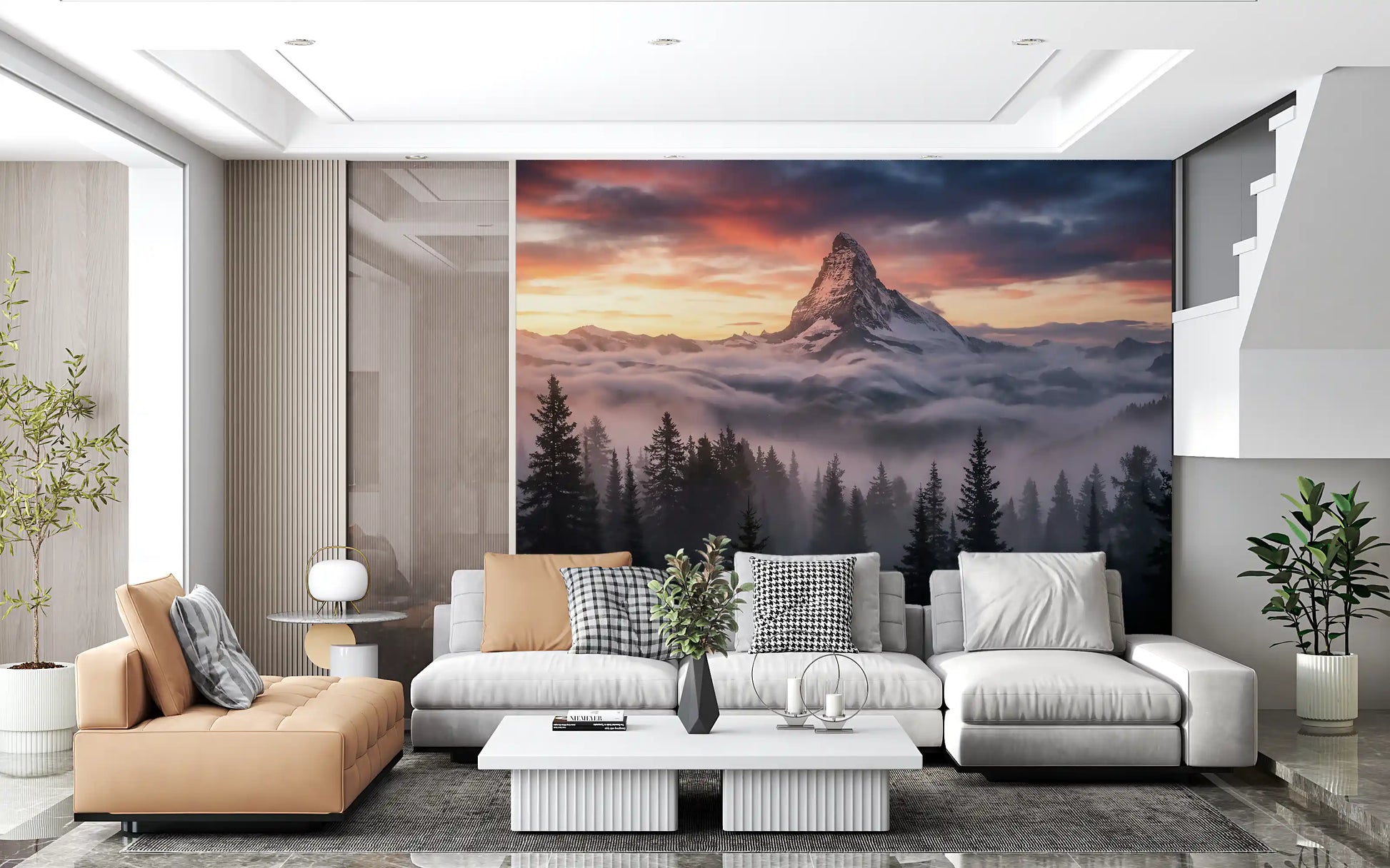 Misty mountain wall mural with dark pine trees and a glowing summit sky