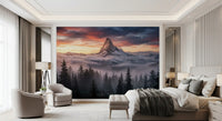 Alpine landscape wall mural with sunset color, fog, and towering peak
