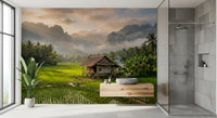 Tropical landscape wall mural showing a hut among bright rice paddies