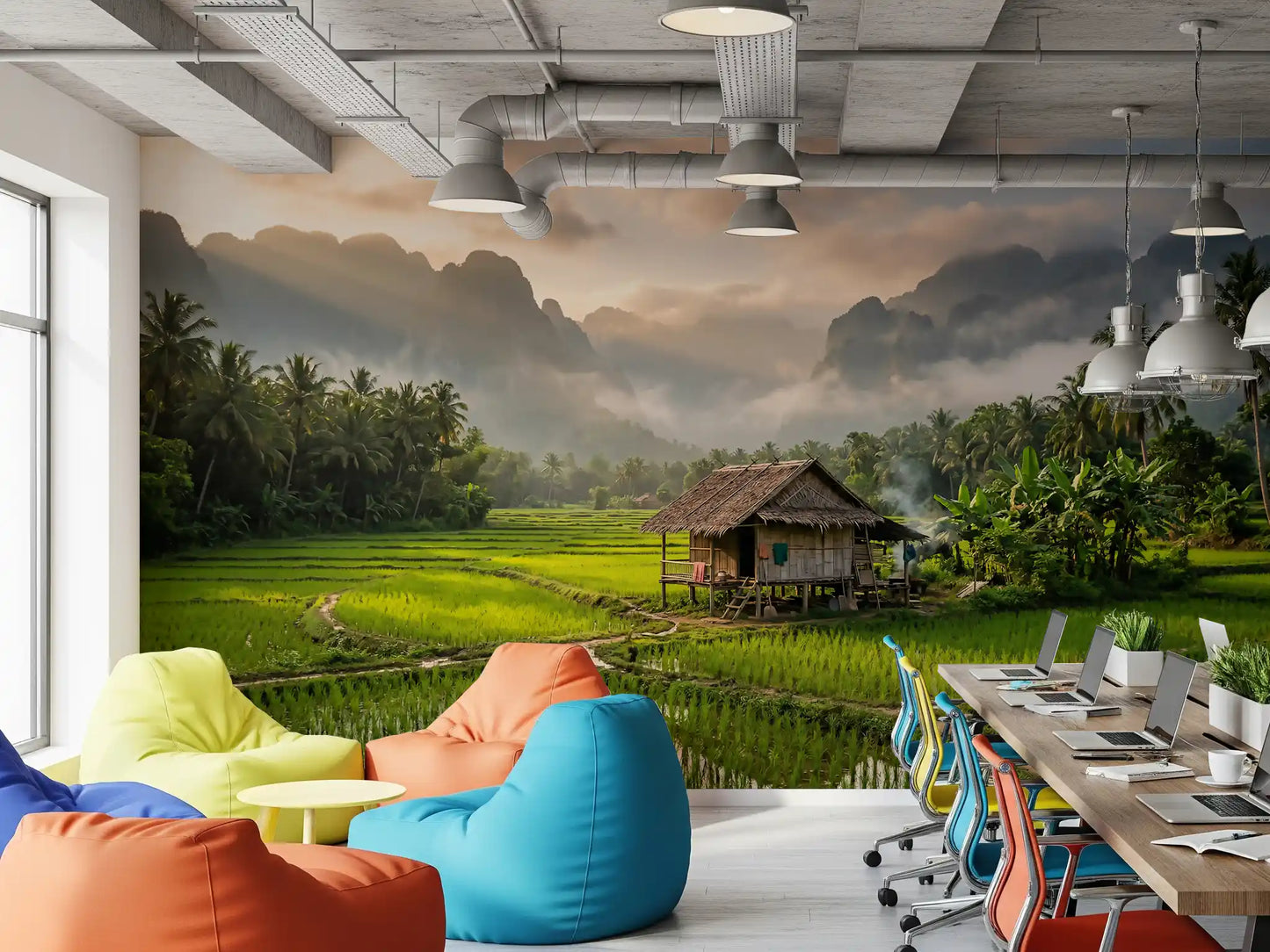 Office wall with Misty Rice Fields Wall Mural and layered mountain view