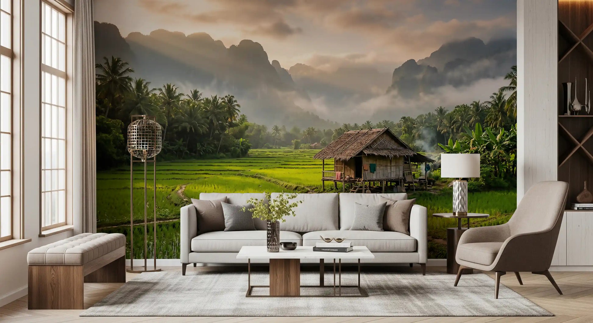 Low mist softens this green valley wall mural with mountain silhouettes