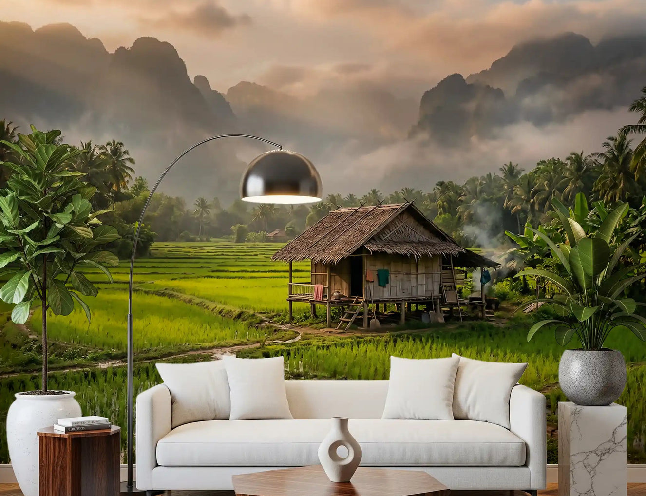 Living room with Misty Mountain Rice Fields Wall Mural and green paddies