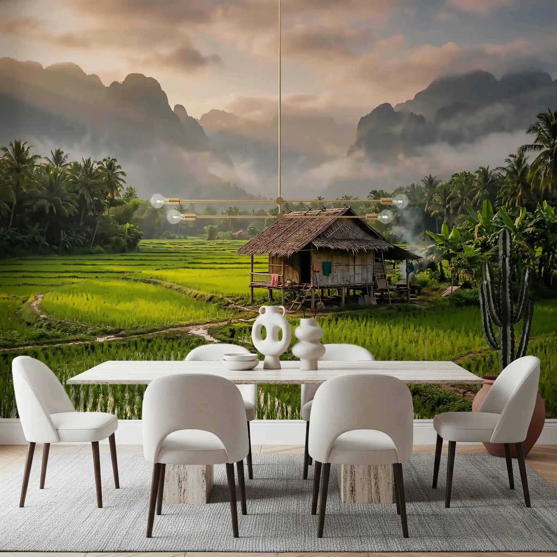 Dining room styled with tropical valley wall mural and soft morning haze