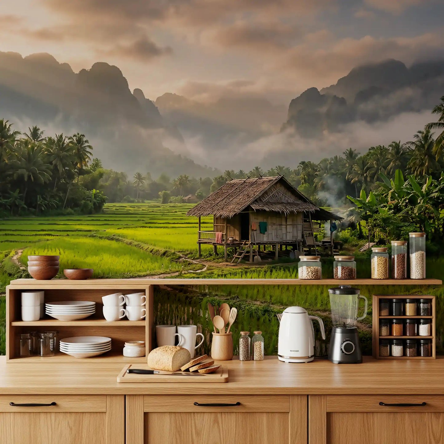 Warm light spreads across this mountain wall mural with green fields