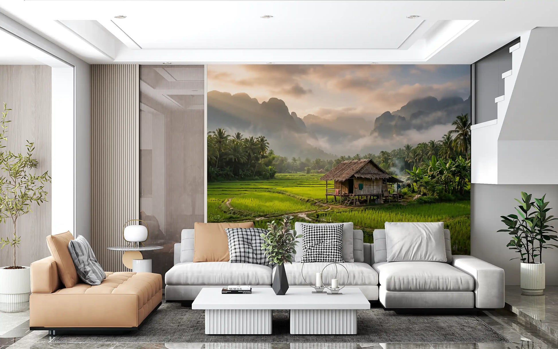 Scenic rice field wall mural with palms, fog, and rural valley detail
