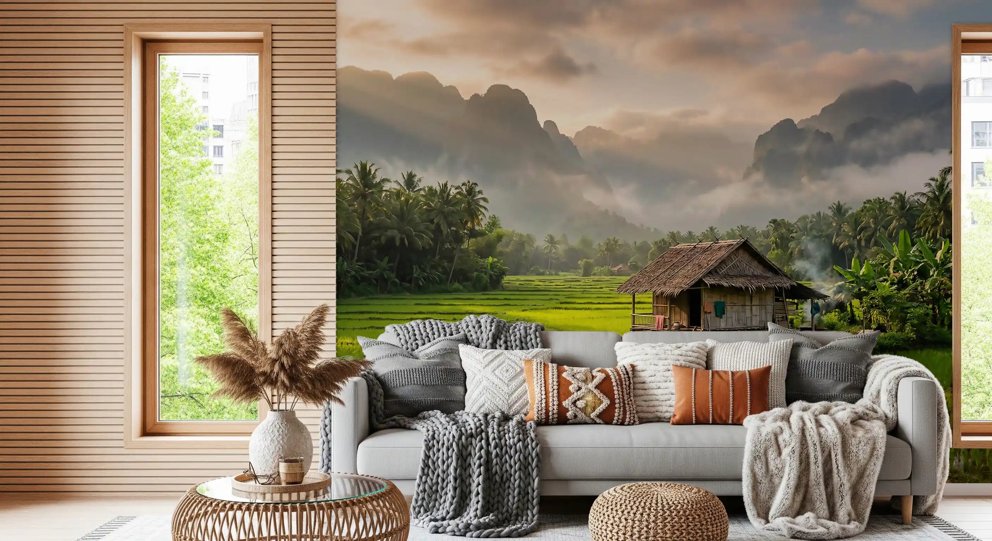 Hallway featuring mountain rice fields wall mural with a rustic hut
