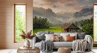 Hallway featuring mountain rice fields wall mural with a rustic hut