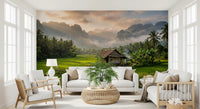 Hallway using rice field wall mural with misty peaks and palm trees