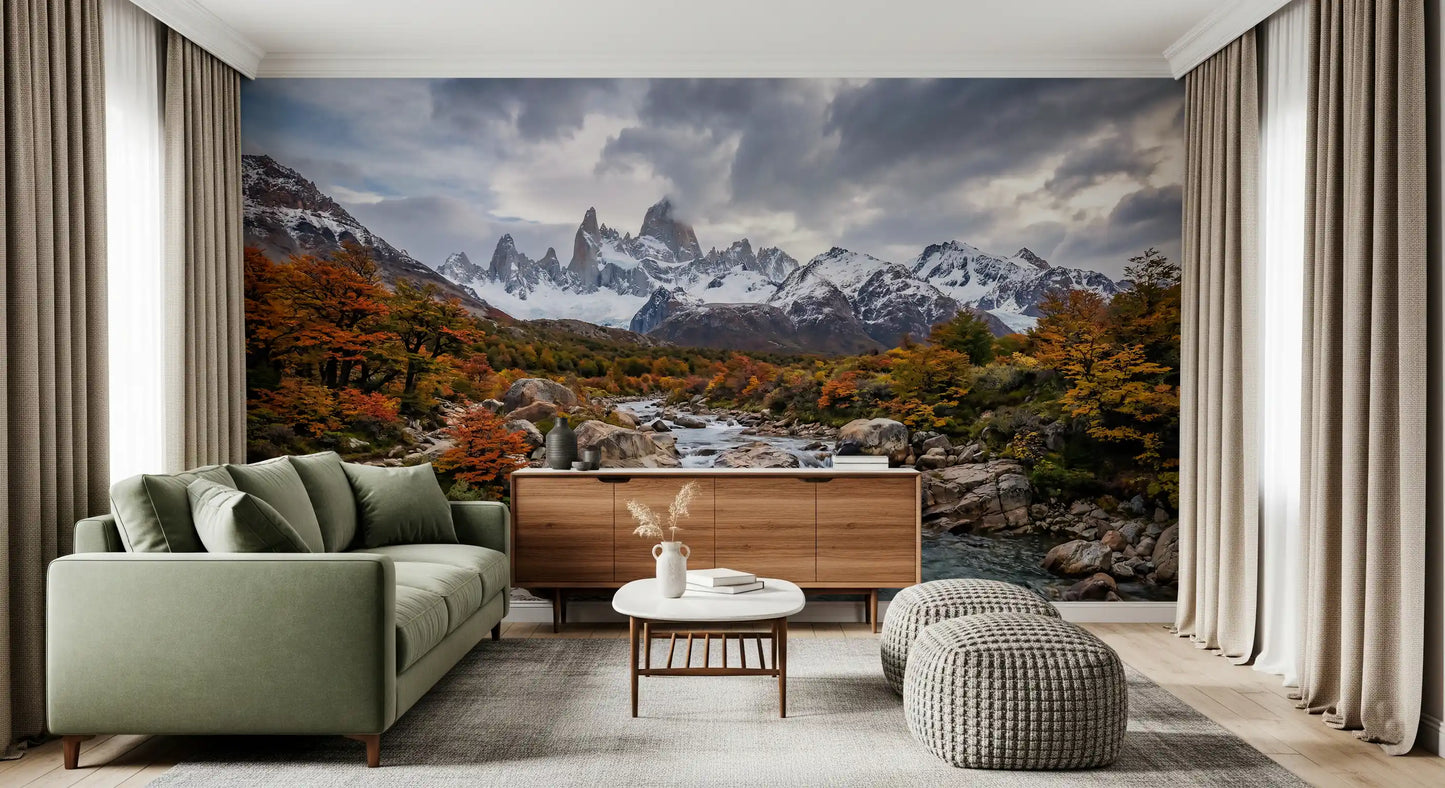 Hallway styled with autumn river wall mural and Fitz Roy mountain peaks