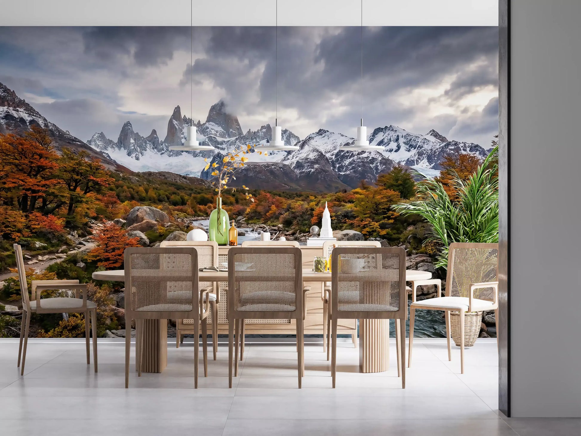 Autumn river wall mural with dramatic clouds and rugged alpine landscape