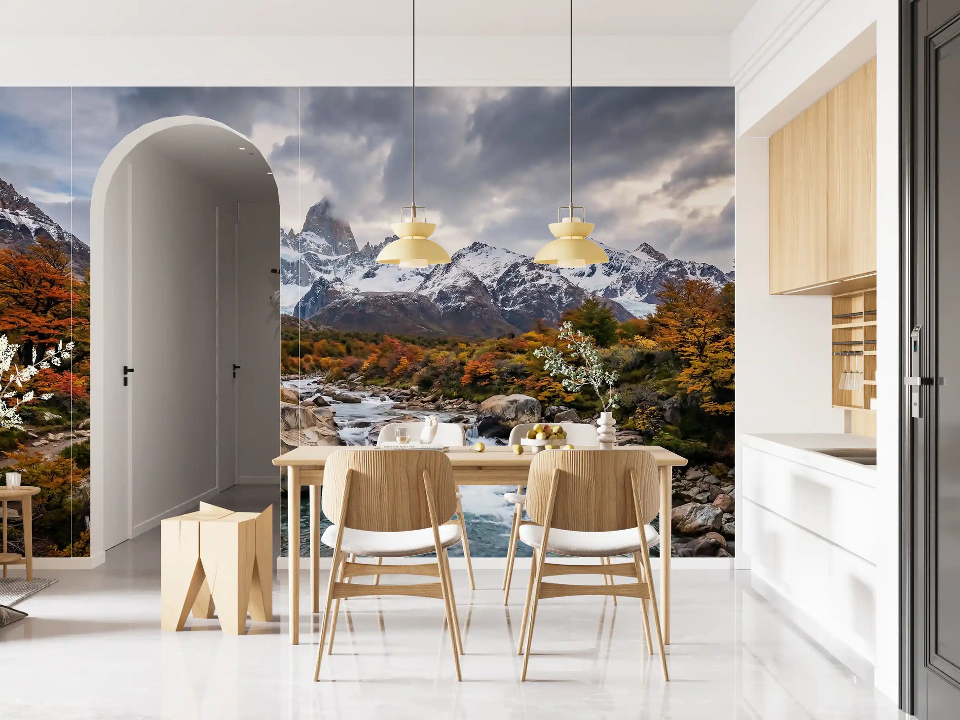 Dining area wall with Fitz Roy Autumn River Wall Mural and alpine river detail