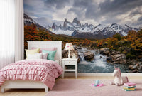 Alpine landscape wall mural showing autumn woodland and misty mountain sky