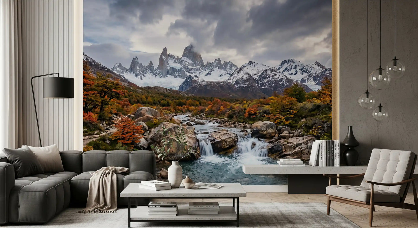 Living room featuring Fitz Roy wall mural with rocky river and golden trees
