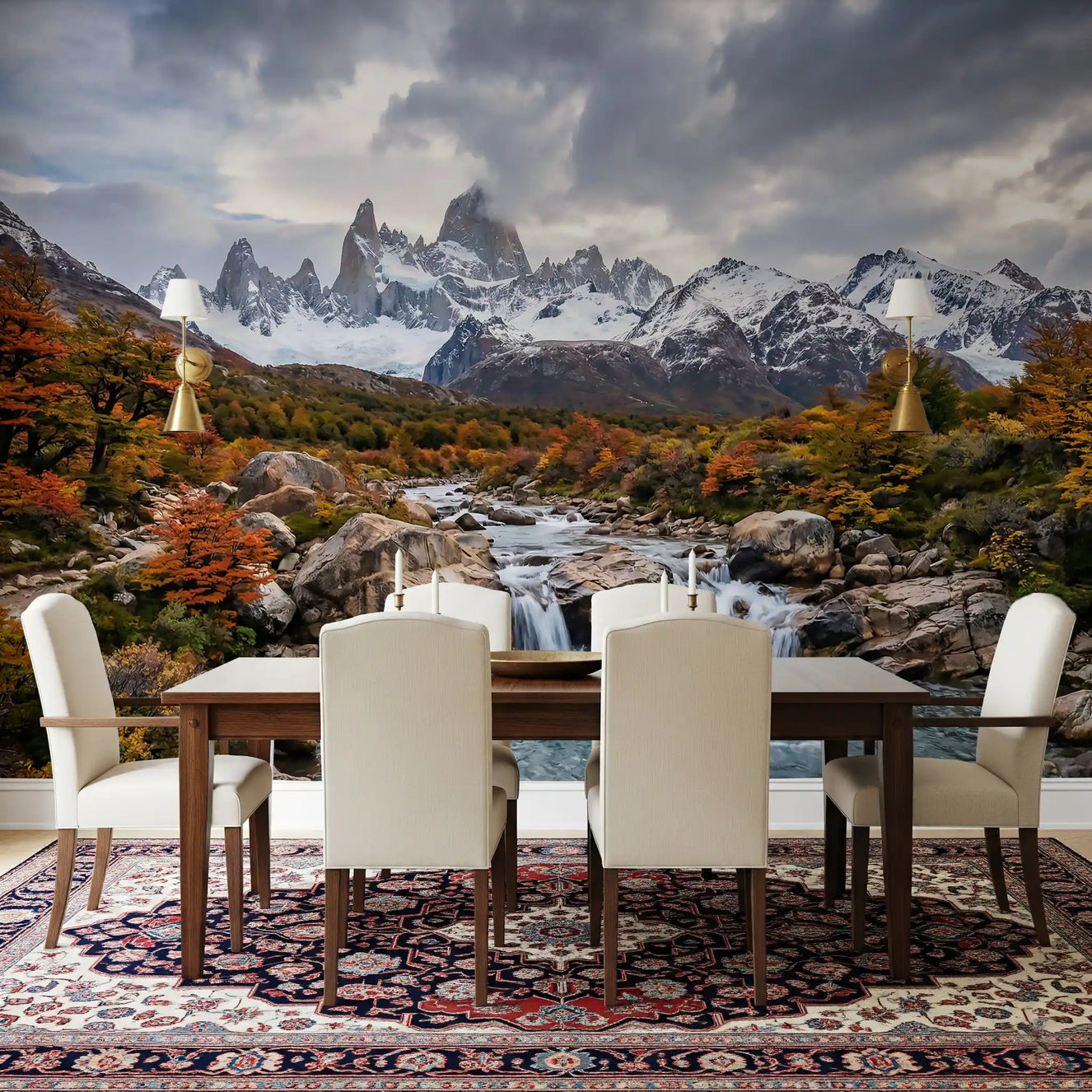 Dining room with Fitz Roy Autumn River Wall Mural and snowy mountain scenery