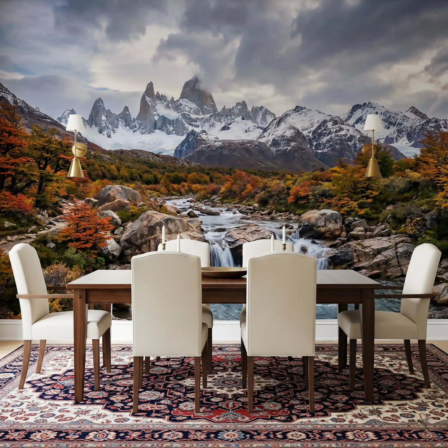 Dining room with Fitz Roy Autumn River Wall Mural and snowy mountain scenery
