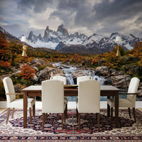 Dining room with Fitz Roy Autumn River Wall Mural and snowy mountain scenery