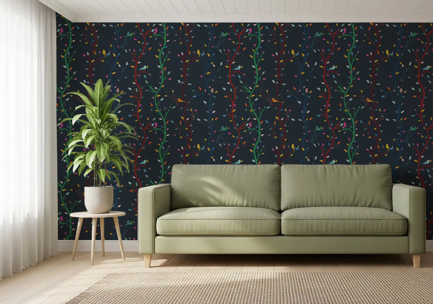 Home office room styled with Midnight Woodland Wallpaper and small bird artwork