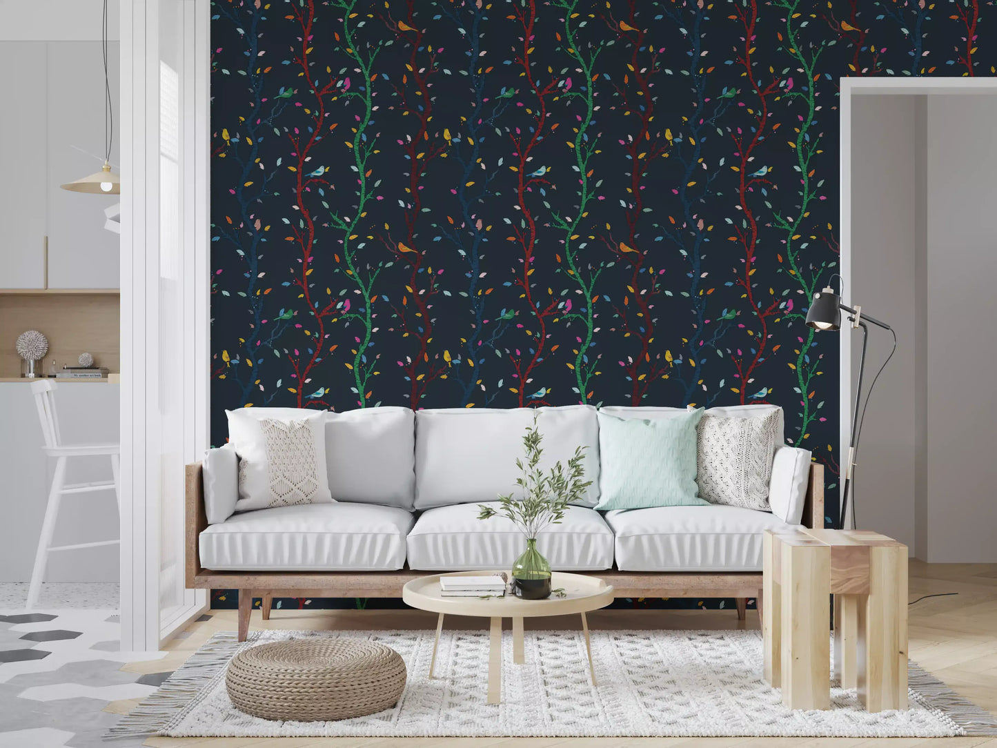 Dining room finished in woodland birds wallpaper with playful leaf accents