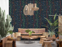 Cafe area using dark woodland wallpaper with birds and curved tree forms
