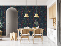 Dark nature wallpaper showing colorful birds, branches, and leaf details