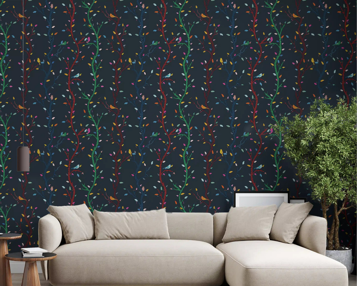Living room with Midnight Woodland Birds Wallpaper and bright leafy branches