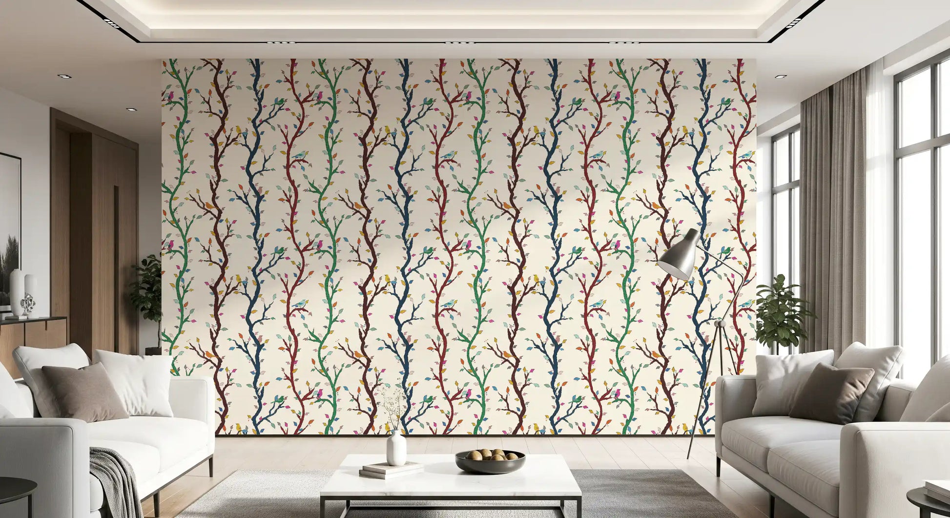 Playful Woodland Branches Wallpaper with colourful birds in a lively repeat