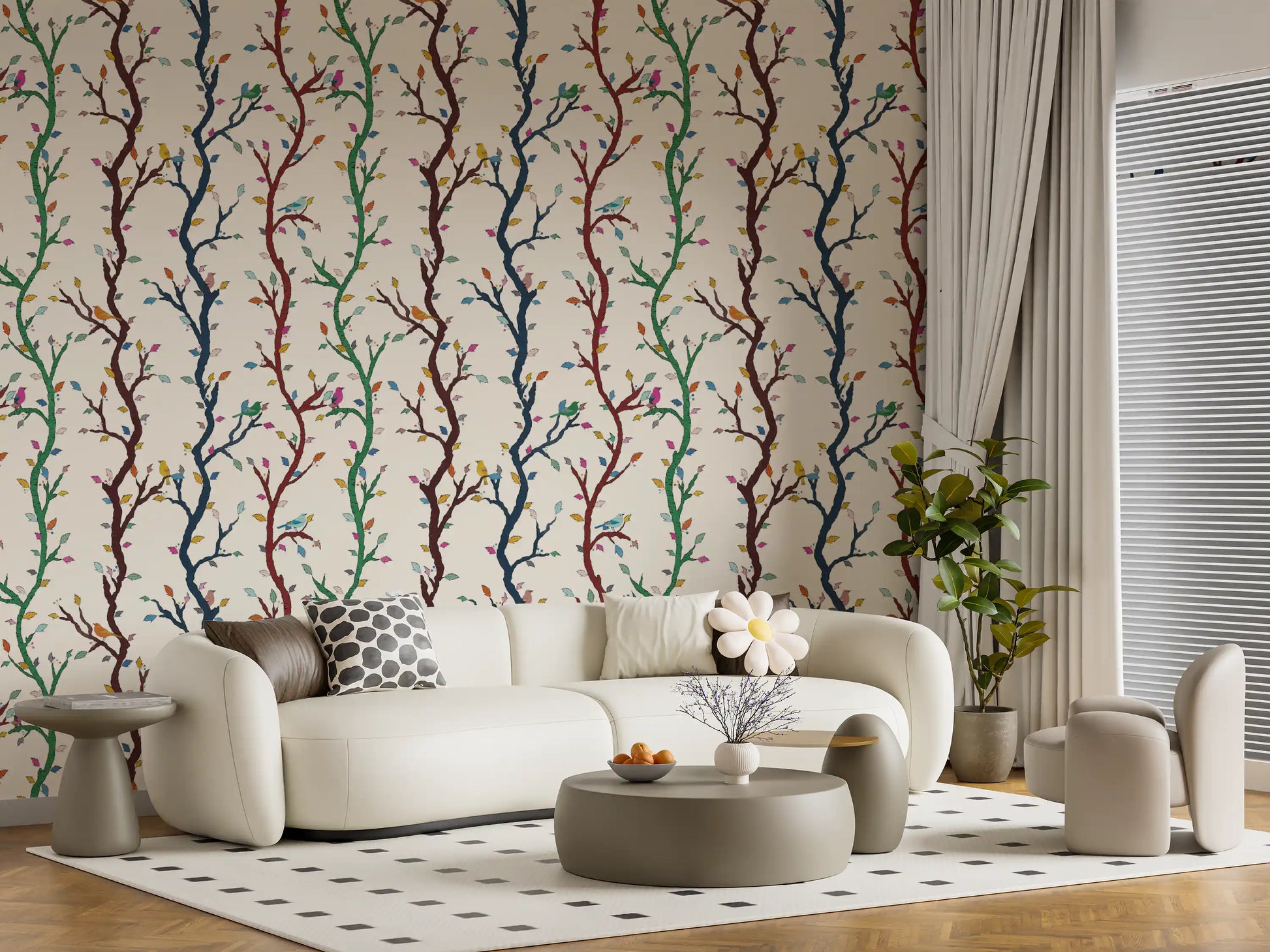 Bird branch wallpaper showing slim tree forms and multicolour details