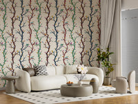 Bird branch wallpaper showing slim tree forms and multicolour details