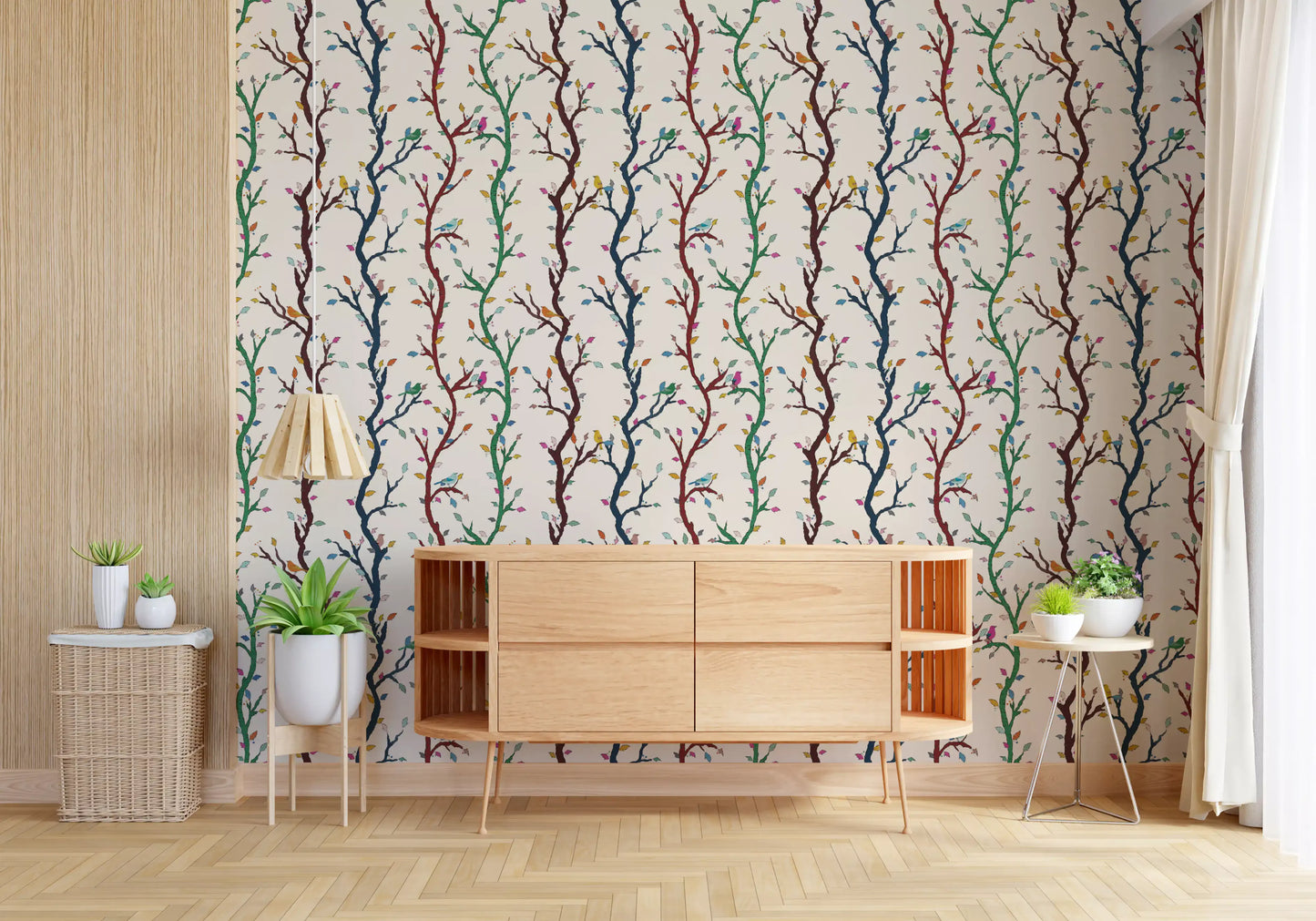 Hallway styled in woodland branches wallpaper with bright birds and leaves