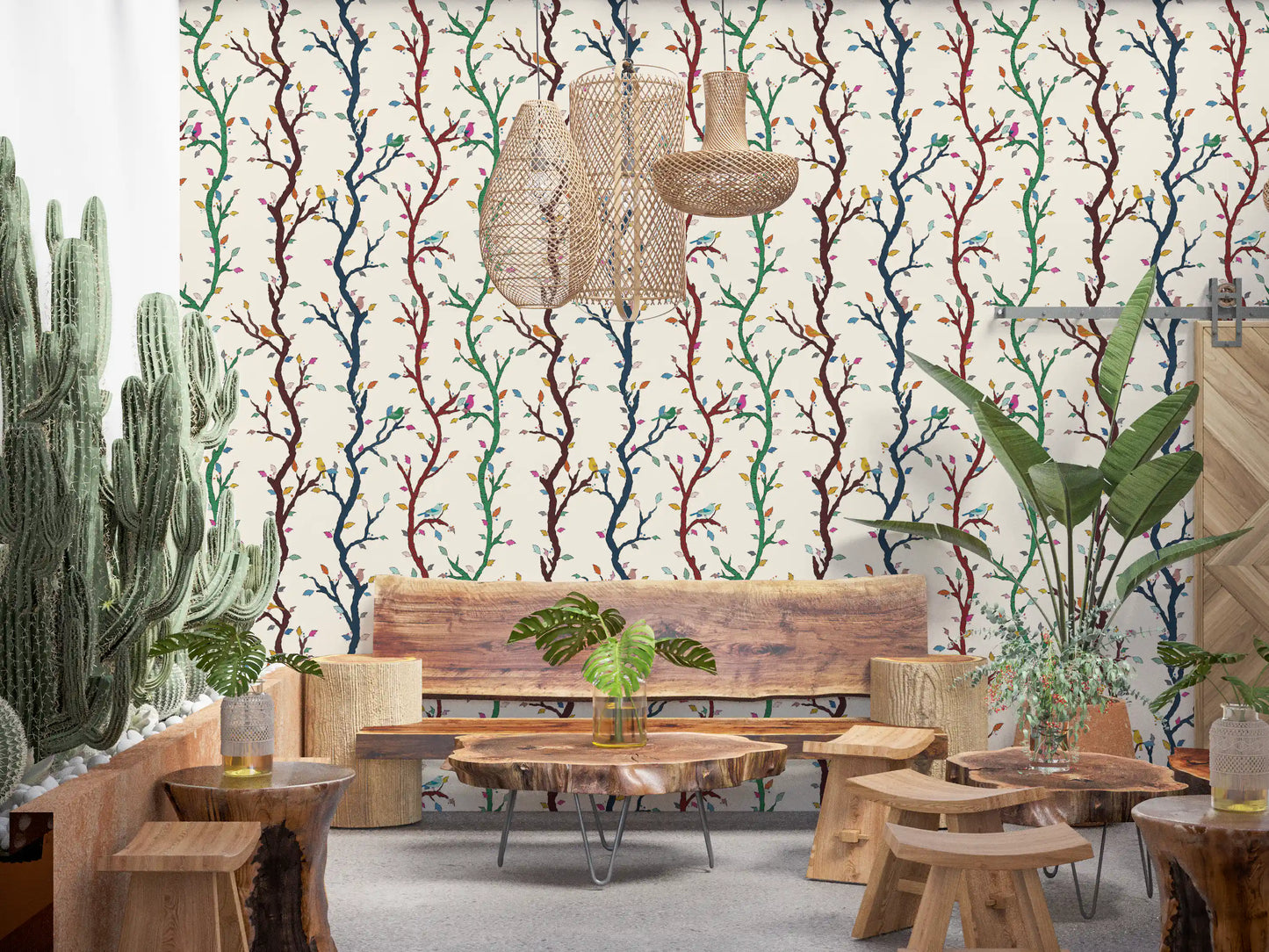 A pale ground defines this playful woodland wallpaper with cheerful birds