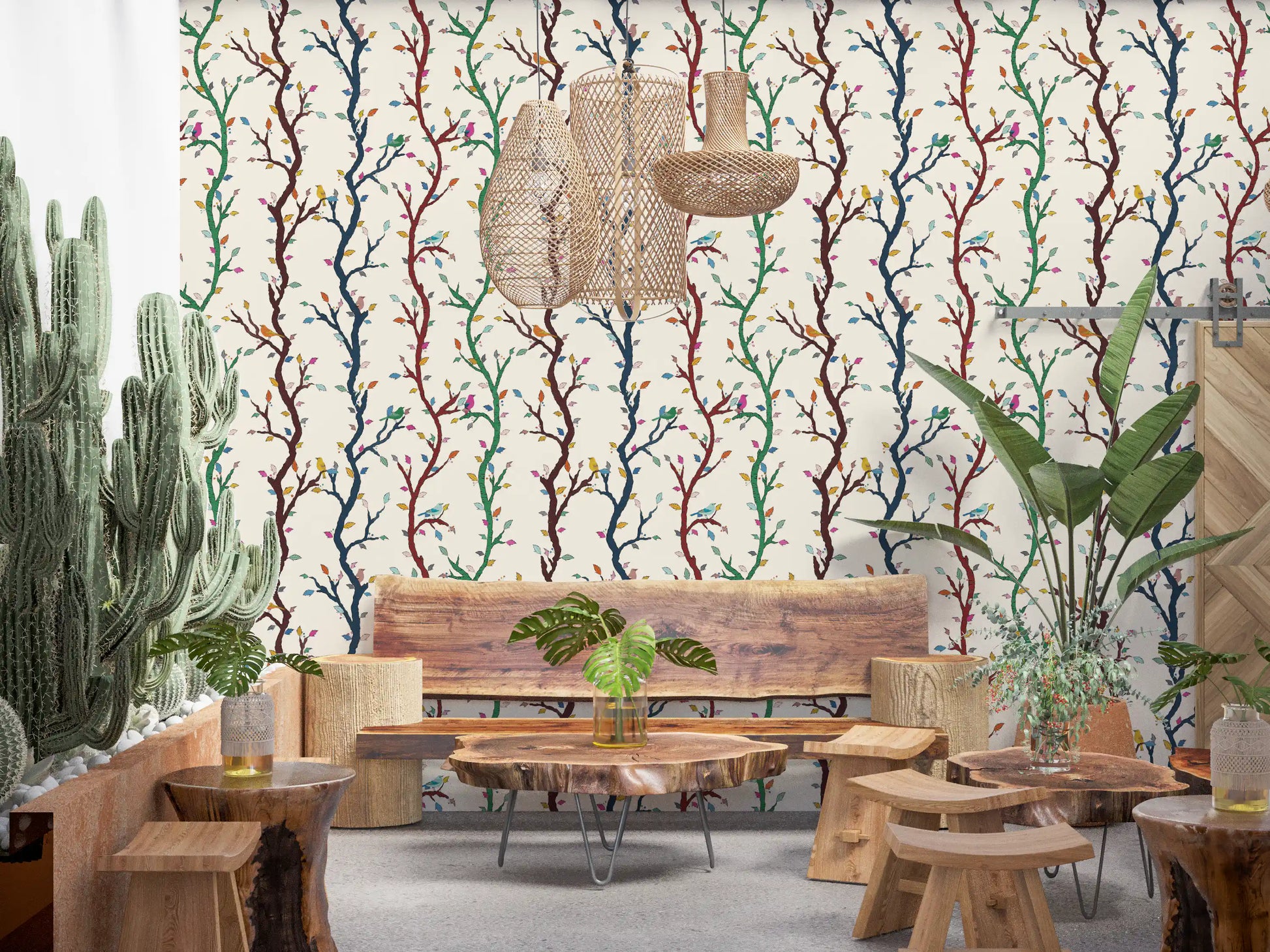 A pale ground defines this playful woodland wallpaper with cheerful birds