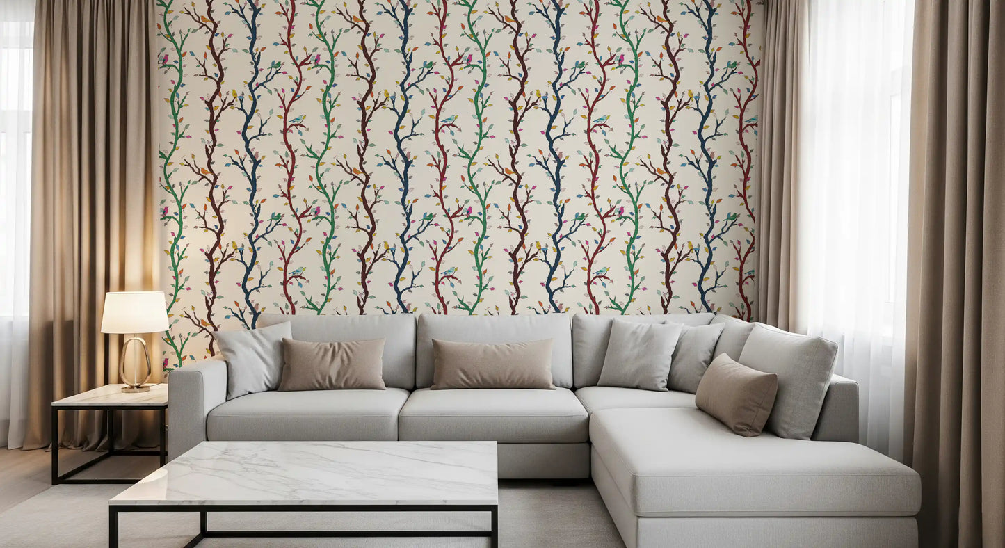 Living room using branches with birds wallpaper on a soft light background