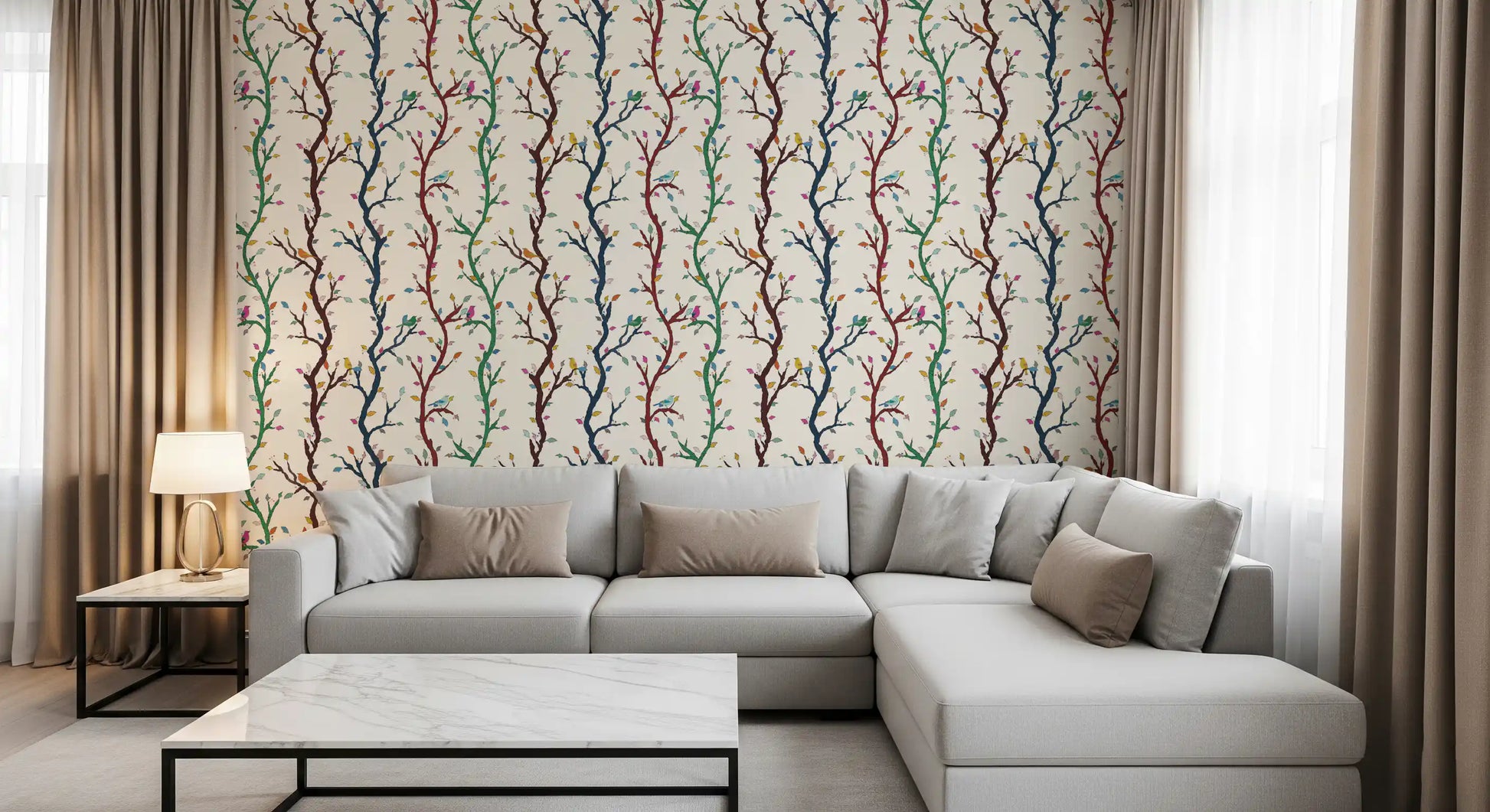 Living room using branches with birds wallpaper on a soft light background