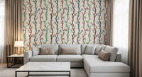 Living room using branches with birds wallpaper on a soft light background