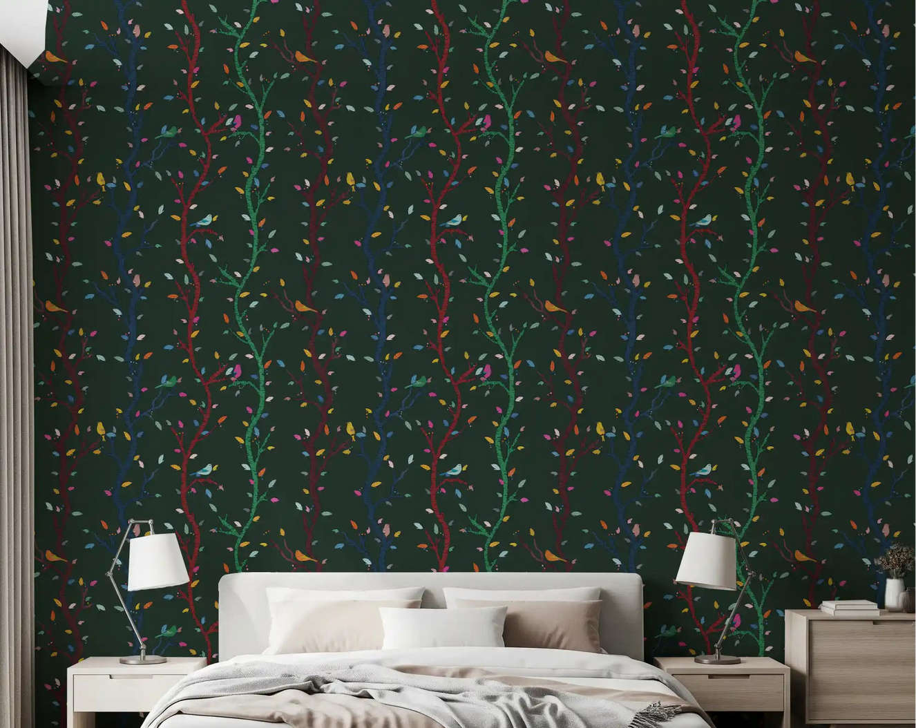 Bedroom with Forest Night Bird Branch Wallpaper and bright leaf accents