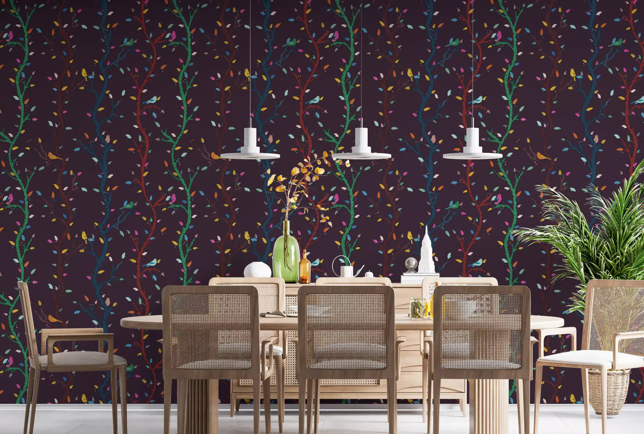 Dining room with Fuchsia Night Wallpaper and colorful birds on woodland branches