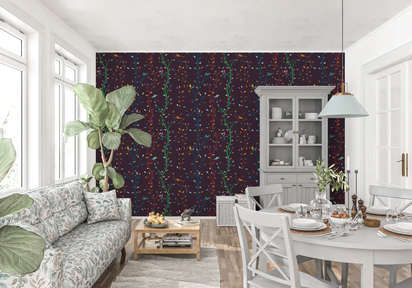 Living room using Branches with Birds Wallpaper on a dark plum background