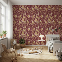 Heritage botanical wallpaper showing birds, blossoms, and slim branches
