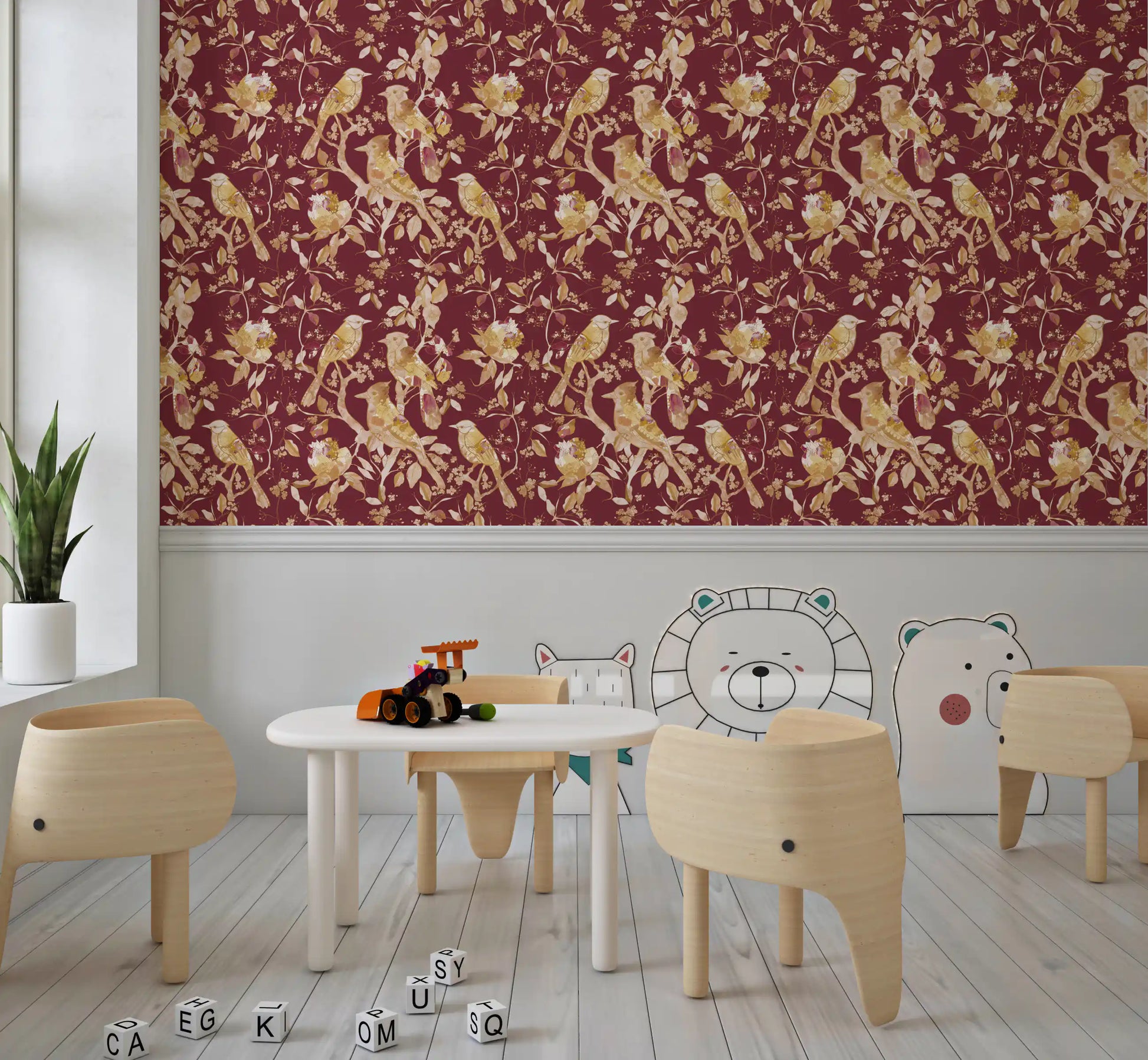 Study room styled with botanical bird wallpaper in burgundy and cream tones