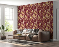 Living room with Burgundy Heritage Bird Wallpaper and cream branch artwork