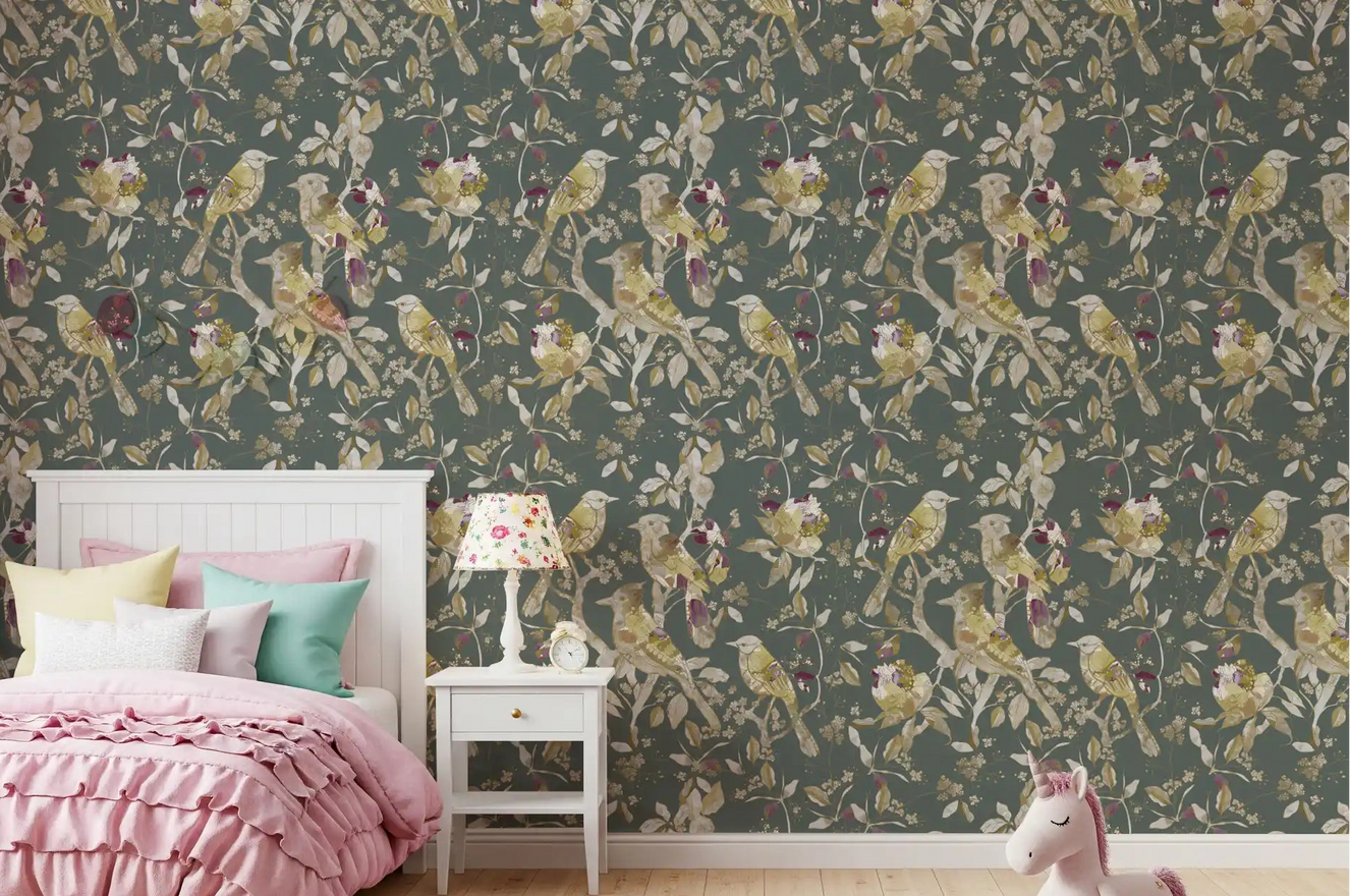 Girls room finished with green botanical bird wallpaper and pale blossoms